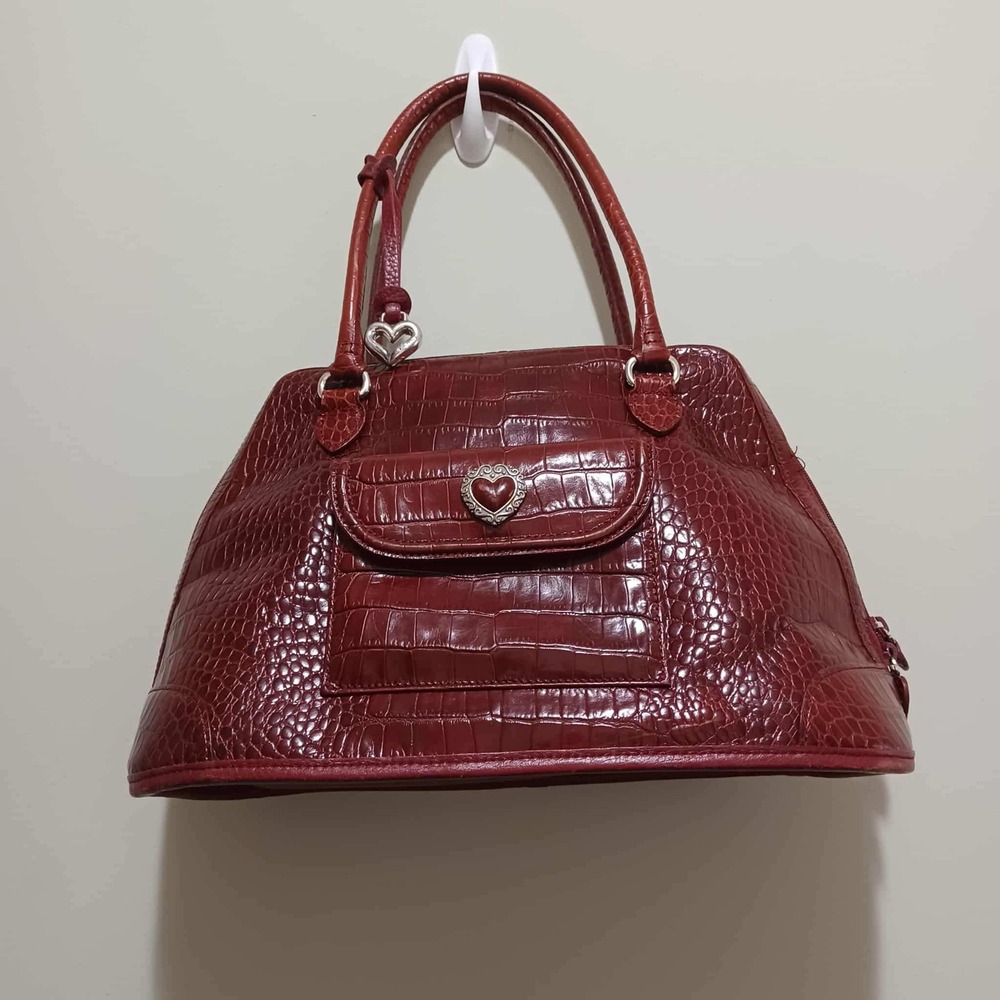 Brighton Ferrara Croc Embossed Leather Satchel Bag Burgundy Heart Charm‎